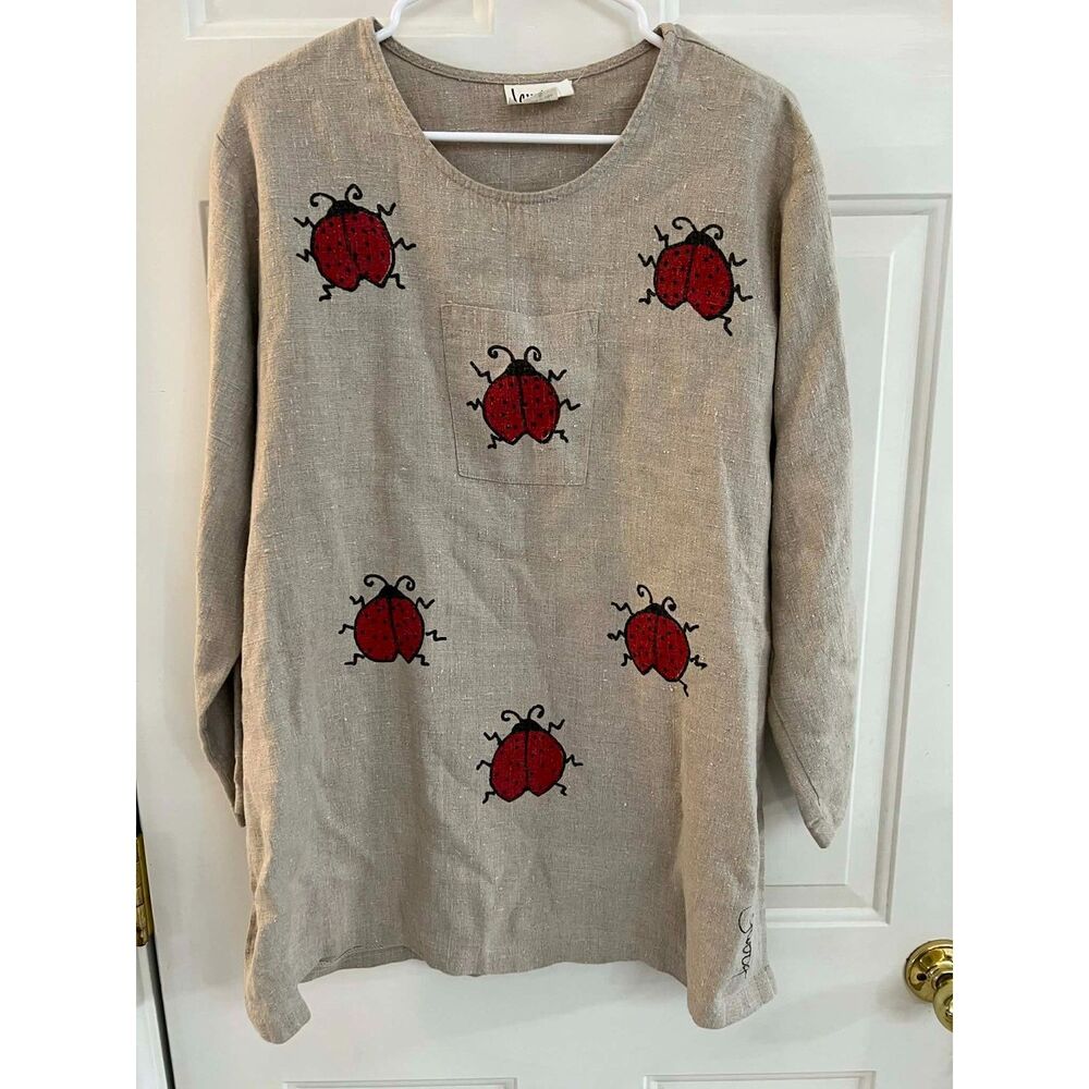 Laurie Jo Handpainted Ladybug Tunic Top Linen Beige Unique Artsy Oversized S